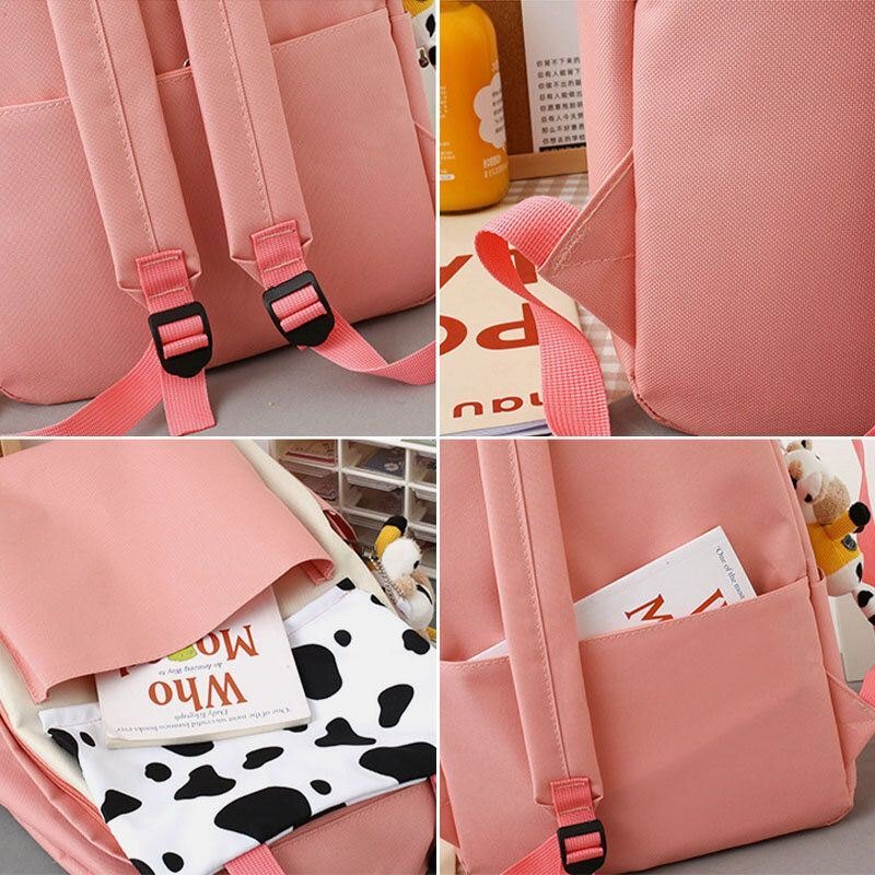 Dame 5 Stk Canvas Preppy Cow Pattern Multifunksjon Combination Bag Ryggsekk Tote Crossbody Bag Clutch Lommebok