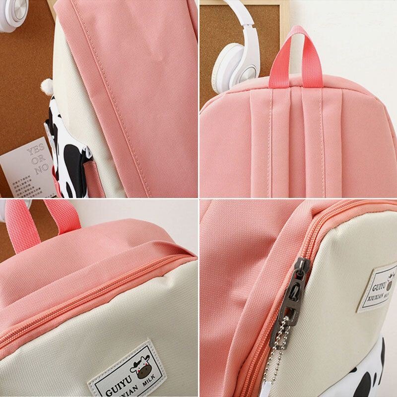 Dame 5 Stk Canvas Preppy Cow Pattern Multifunksjon Combination Bag Ryggsekk Tote Crossbody Bag Clutch Lommebok