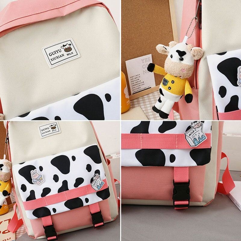 Dame 5 Stk Canvas Preppy Cow Pattern Multifunksjon Combination Bag Ryggsekk Tote Crossbody Bag Clutch Lommebok