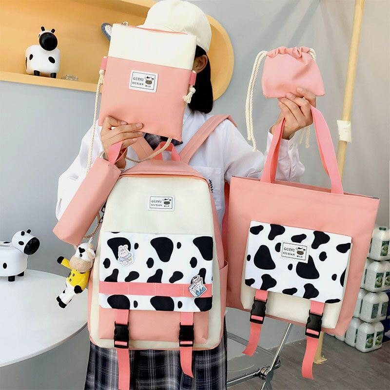 Dame 5 Stk Canvas Preppy Cow Pattern Multifunksjon Combination Bag Ryggsekk Tote Crossbody Bag Clutch Lommebok