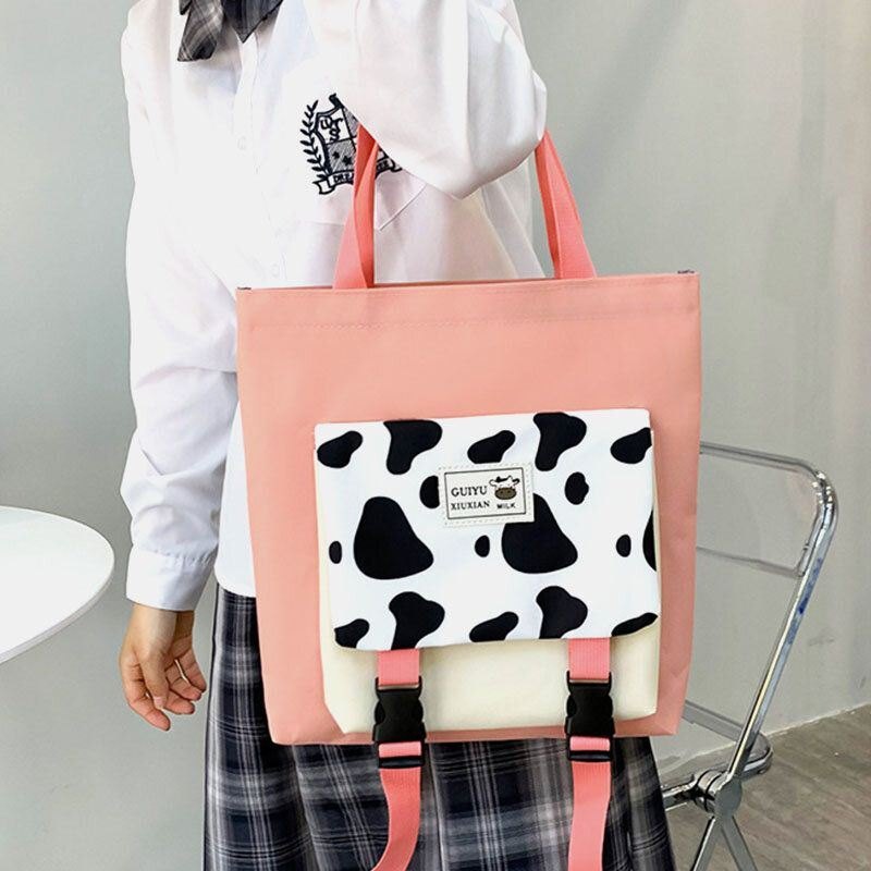 Dame 5 Stk Canvas Preppy Cow Pattern Multifunksjon Combination Bag Ryggsekk Tote Crossbody Bag Clutch Lommebok