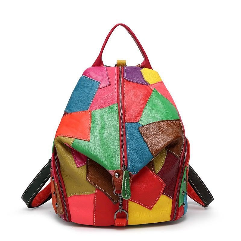 Dame Casual Patchwork Ekte Skinn Skuldervesker Med Stor Kapasitet Crossbody-vesker