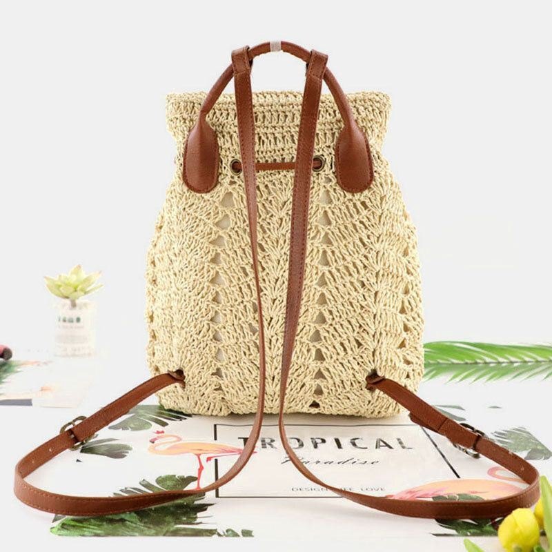 Dame Mori Series String Straw Bag Dobbelbruk Vevd Bag Retro Strandveske Ryggsekk