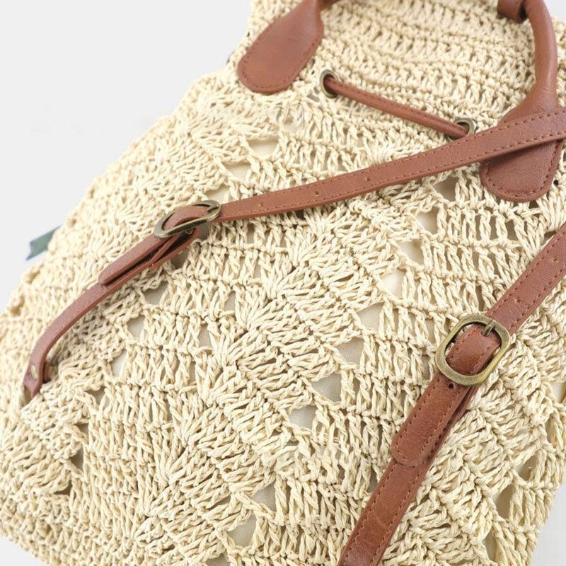 Dame Mori Series String Straw Bag Dobbelbruk Vevd Bag Retro Strandveske Ryggsekk