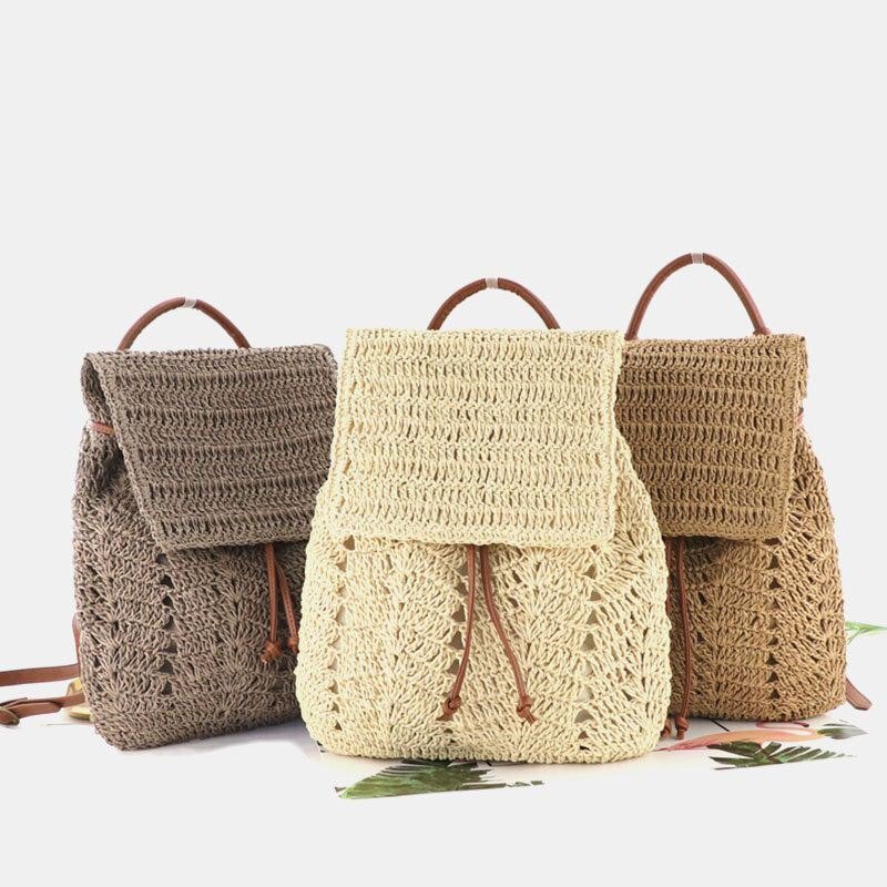 Dame Mori Series String Straw Bag Dobbelbruk Vevd Bag Retro Strandveske Ryggsekk