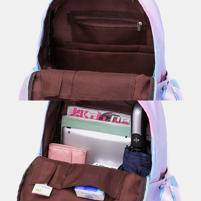 Dame Oxford Color Gradient Øretelefon Hull Bowknot Casual Studeng Bag Ryggsekk