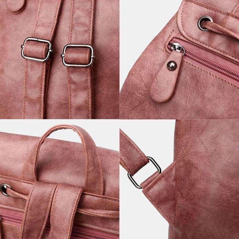 Dame Pu Skinn Multilommer Innvendig Magnetisk Knapp Ryggsekk Vintage Enkel Hasp Laptop Bag