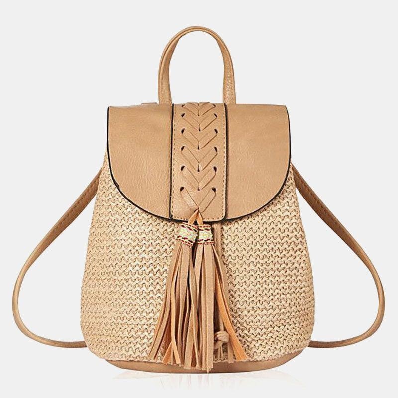 Dame Tassel Straw Bag Retro Beach Bag Ryggsekk Bøtteveske