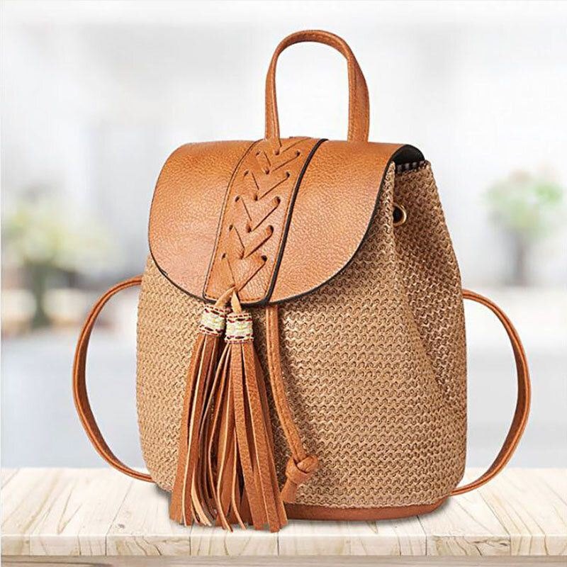 Dame Tassel Straw Bag Retro Beach Bag Ryggsekk Bøtteveske