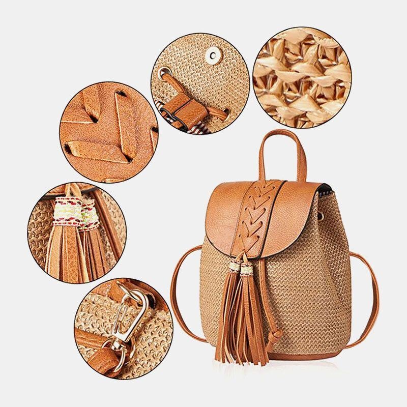 Dame Tassel Straw Bag Retro Beach Bag Ryggsekk Bøtteveske