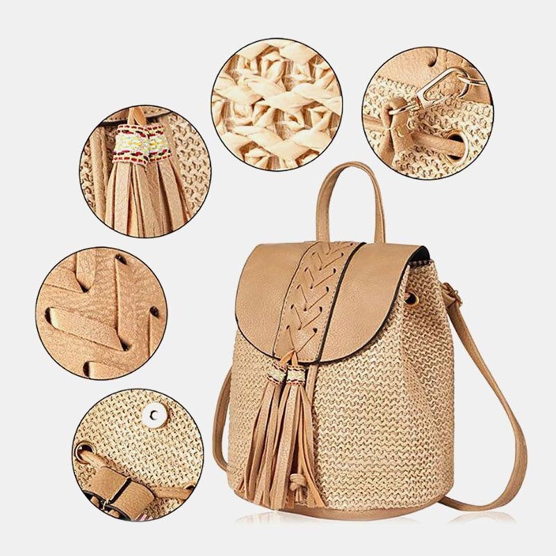 Dame Tassel Straw Bag Retro Beach Bag Ryggsekk Bøtteveske