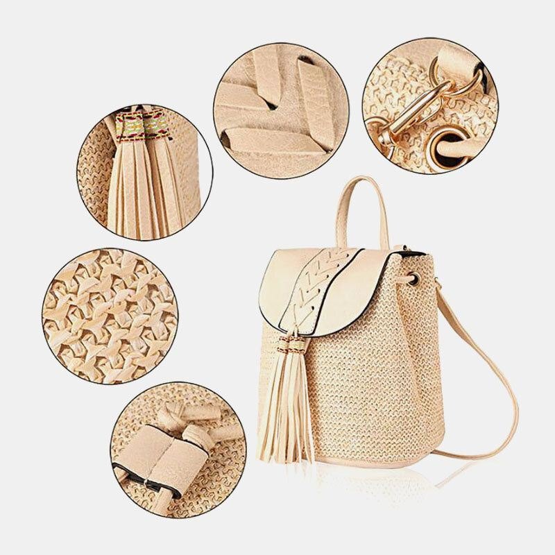 Dame Tassel Straw Bag Retro Beach Bag Ryggsekk Bøtteveske