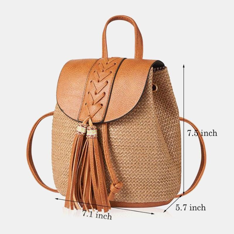 Dame Tassel Straw Bag Retro Beach Bag Ryggsekk Bøtteveske