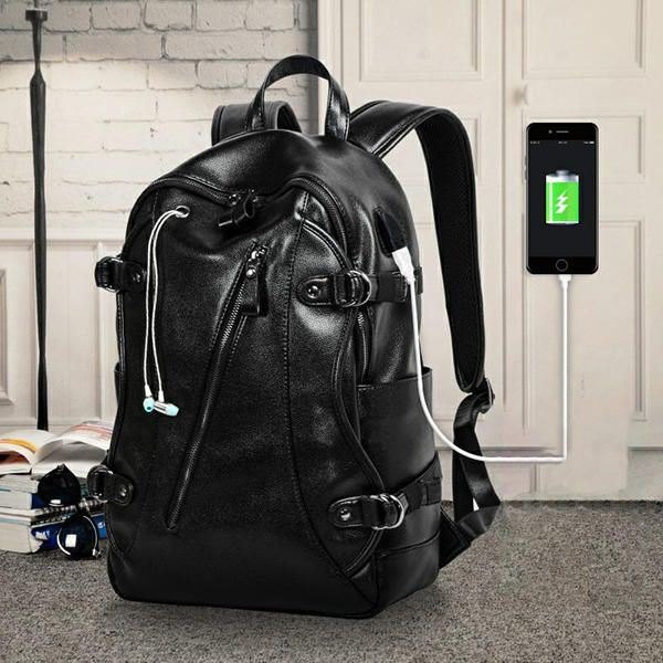 Herre Faux Leather Mote Fritid Ryggsekk Usb Charging Travel Bag