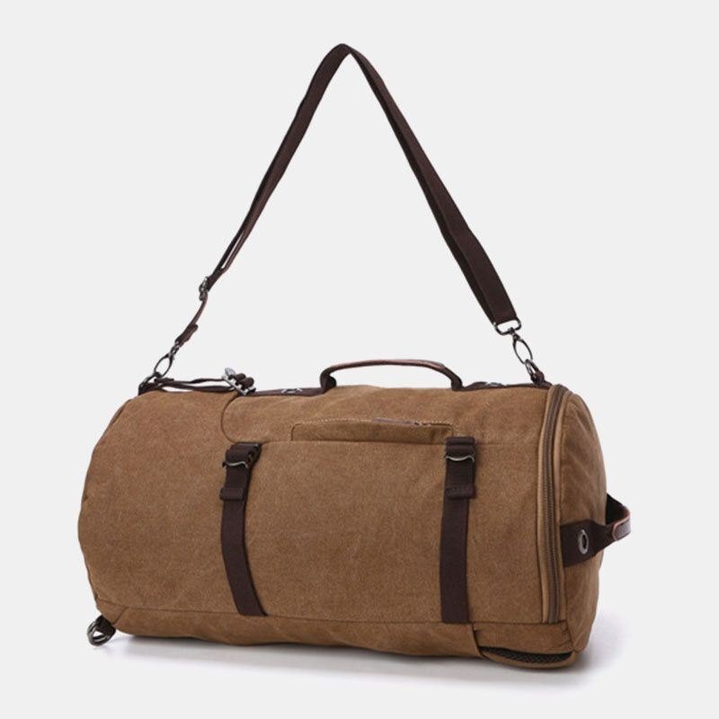 Herre Vintage Canvas Stor Kapasitet Multi-bære Ensfarget Sylinder Uformell Ryggsekk Crossbody Bag