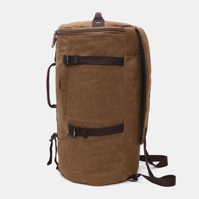 Herre Vintage Canvas Stor Kapasitet Multi-bære Ensfarget Sylinder Uformell Ryggsekk Crossbody Bag