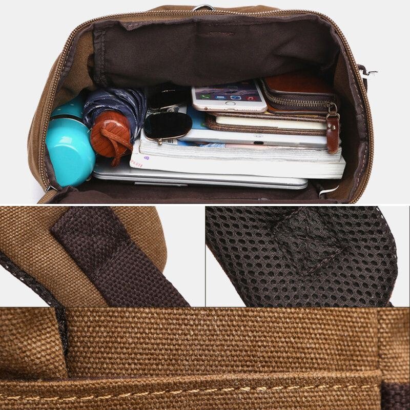 Herre Vintage Canvas Stor Kapasitet Multi-bære Ensfarget Sylinder Uformell Ryggsekk Crossbody Bag