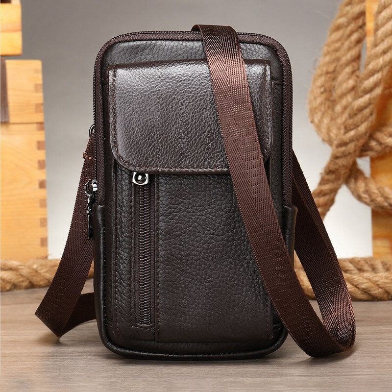 Herre Retro Dobbeltlags Kuskinn Midjeveske Uformell Slitasjebestandig 6.5 Tommers Telefonveske Belteveske Crossbody-veske Skulderveske