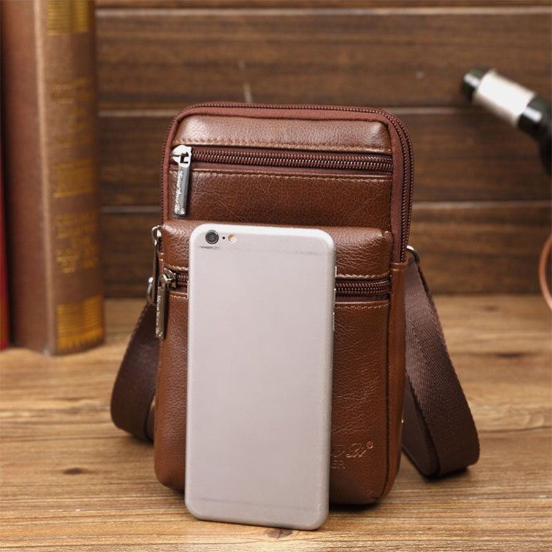 Mini Multifunksjonell Messenger 7-tommers Telefonveske I Ekte Skinn For Herre Midjeveske Crossbody-veske