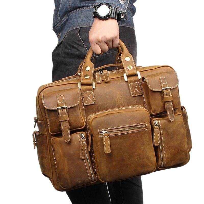 Avtakbar Stropp I Ekte Skinn For Herre Stor 15.6-tommers 15.6-tommers Laptopveske Koffert Messenger Bag Crossbody-vesker