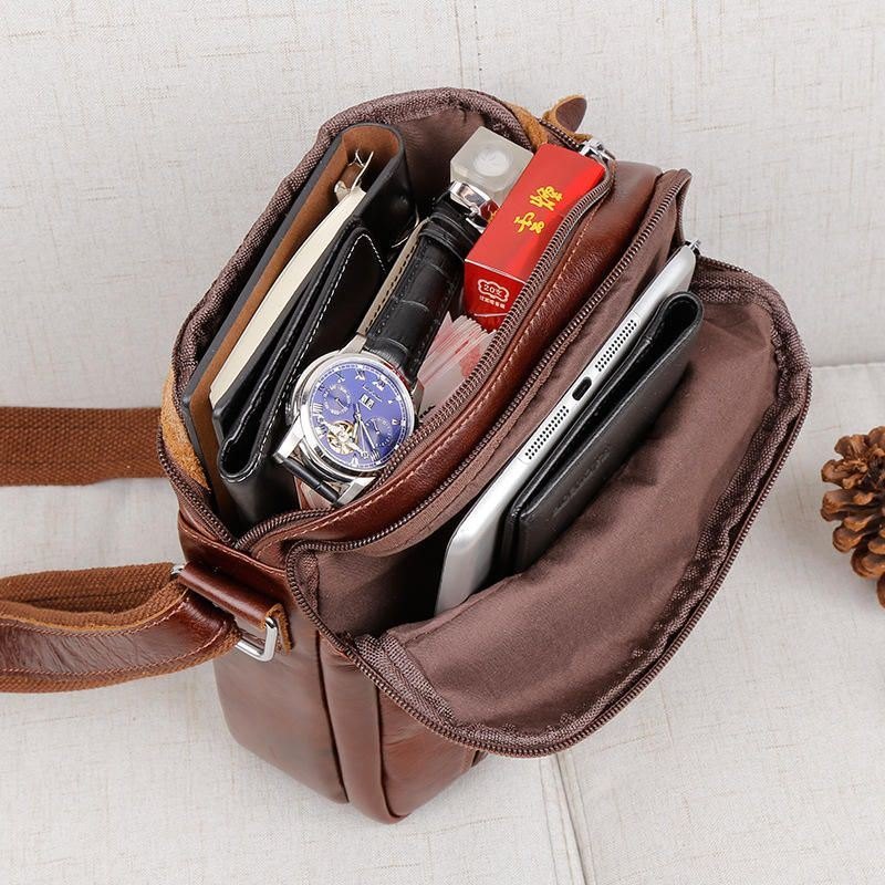 Brun Skulderveske I Ekte Skinn For Herre Messenger Crossbody Koffert Sling Bag For Ipad Mini