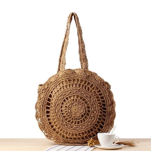 Casual Straw Hollow Out Rund Bag Skulderveske For Dame