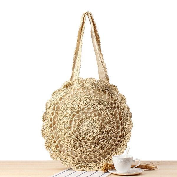 Casual Straw Hollow Out Rund Bag Skulderveske For Dame