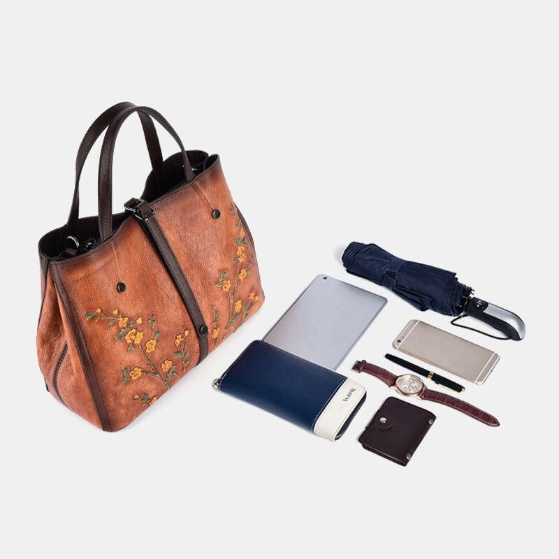 Dame Blomstermønster Preget Vegetabilsk Garvet Skinn Crossbody-vesker Retro Skulderveske I Ekte Skinn Med Stor Kapasitet