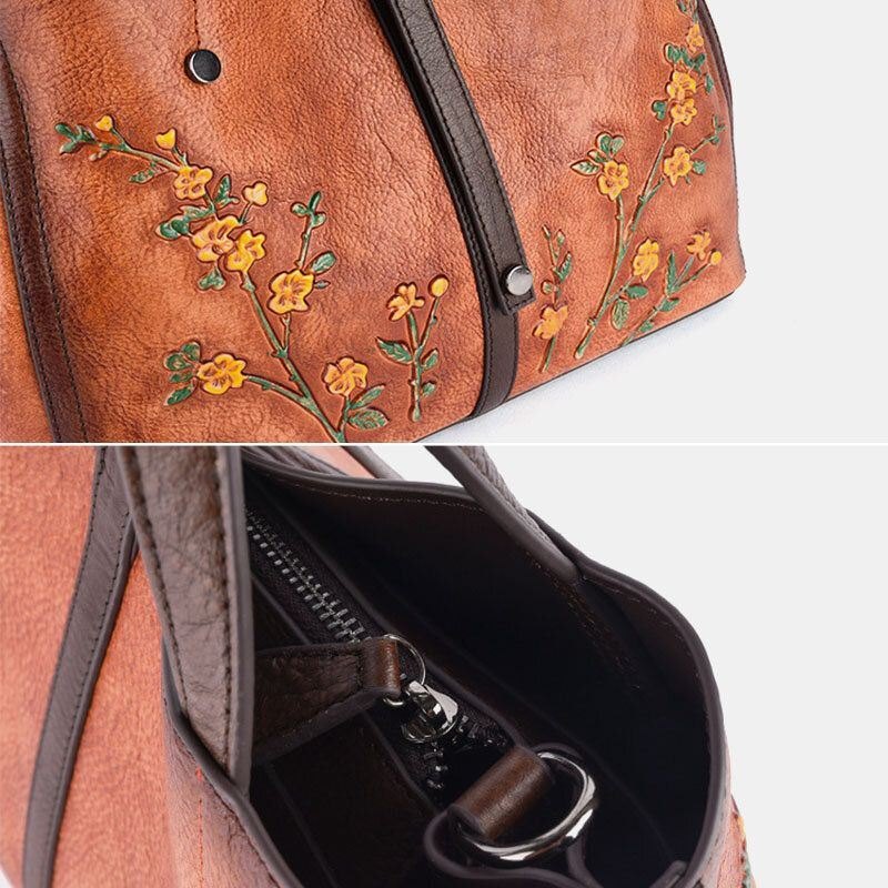 Dame Blomstermønster Preget Vegetabilsk Garvet Skinn Crossbody-vesker Retro Skulderveske I Ekte Skinn Med Stor Kapasitet