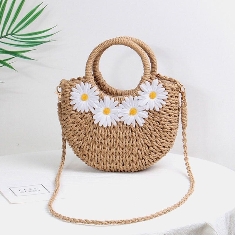 Dame Daisy Travel Summer Beach Straw Handbag Crossbody Bag Skulderveske