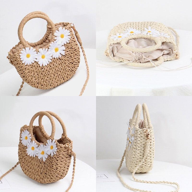 Dame Daisy Travel Summer Beach Straw Handbag Crossbody Bag Skulderveske