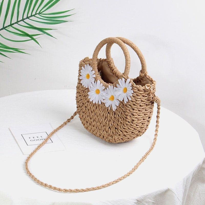 Dame Daisy Travel Summer Beach Straw Handbag Crossbody Bag Skulderveske