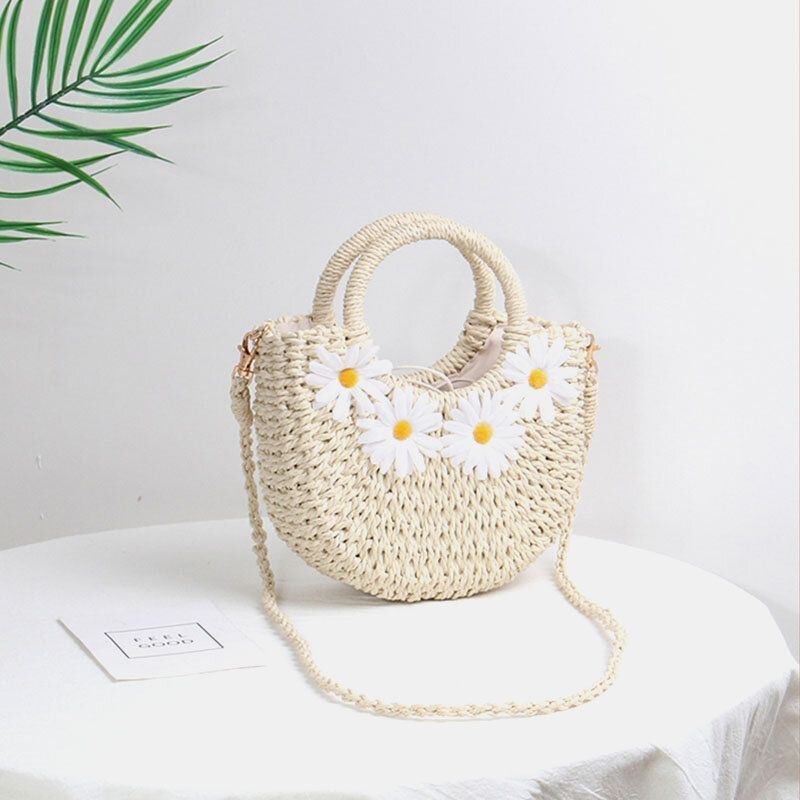 Dame Daisy Travel Summer Beach Straw Handbag Crossbody Bag Skulderveske