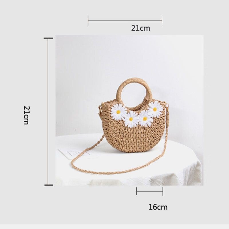 Dame Daisy Travel Summer Beach Straw Handbag Crossbody Bag Skulderveske