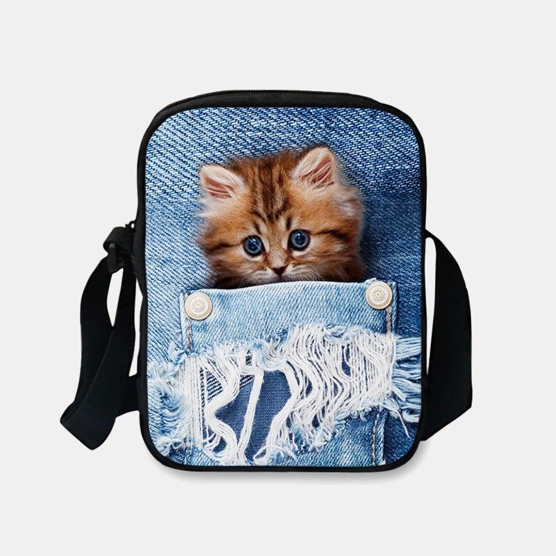 Dame Denim 3d Tredimensjonal Animal Creative Tegneserie Søt Trykk Katt Uformell Telefonveske Midjeveske Crossbody-veske