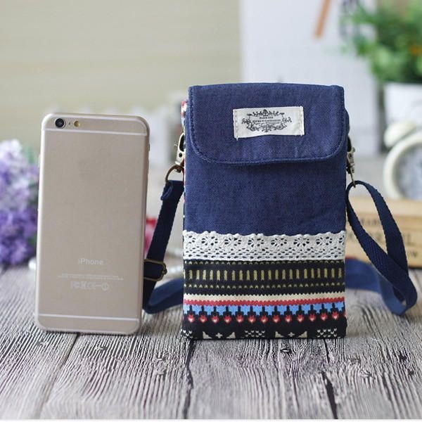 Dame Denim Tre Mellomlag Blomstertrykk Mini Skuldervesker Blonder Crossbody Vesker 6.0 Tommers Telefonveske