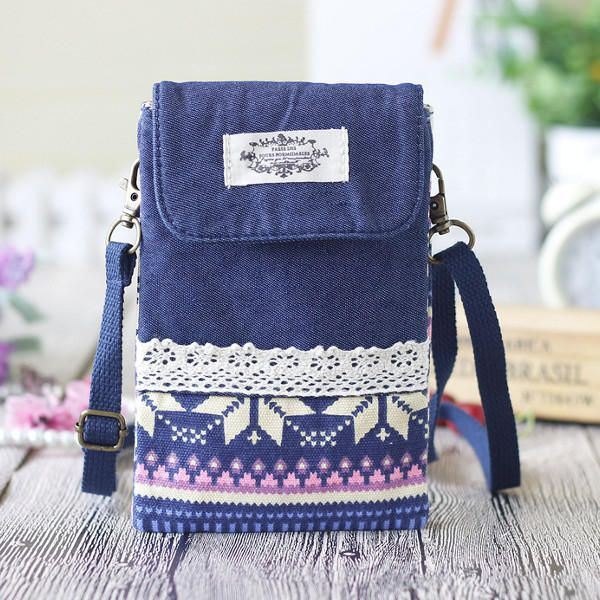 Dame Denim Tre Mellomlag Blomstertrykk Mini Skuldervesker Blonder Crossbody Vesker 6.0 Tommers Telefonveske