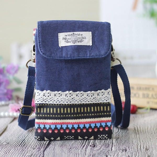 Dame Denim Tre Mellomlag Blomstertrykk Mini Skuldervesker Blonder Crossbody Vesker 6.0 Tommers Telefonveske