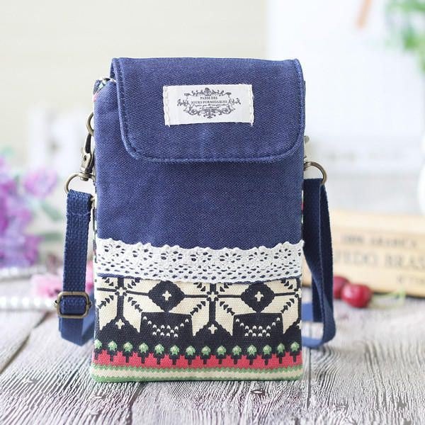 Dame Denim Tre Mellomlag Blomstertrykk Mini Skuldervesker Blonder Crossbody Vesker 6.0 Tommers Telefonveske