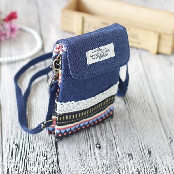 Dame Denim Tre Mellomlag Blomstertrykk Mini Skuldervesker Blonder Crossbody Vesker 6.0 Tommers Telefonveske