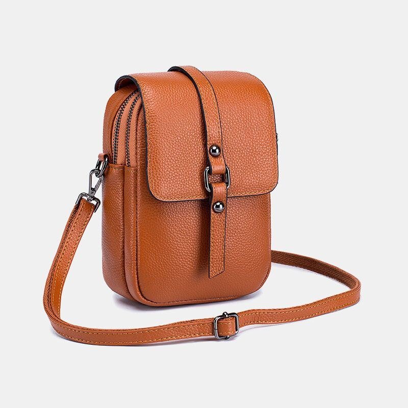 Dame Ekte Skinn Casual Retro Flerlags Øretelefonhull 6.5 Tommers Telefonveske Crossbody-veske