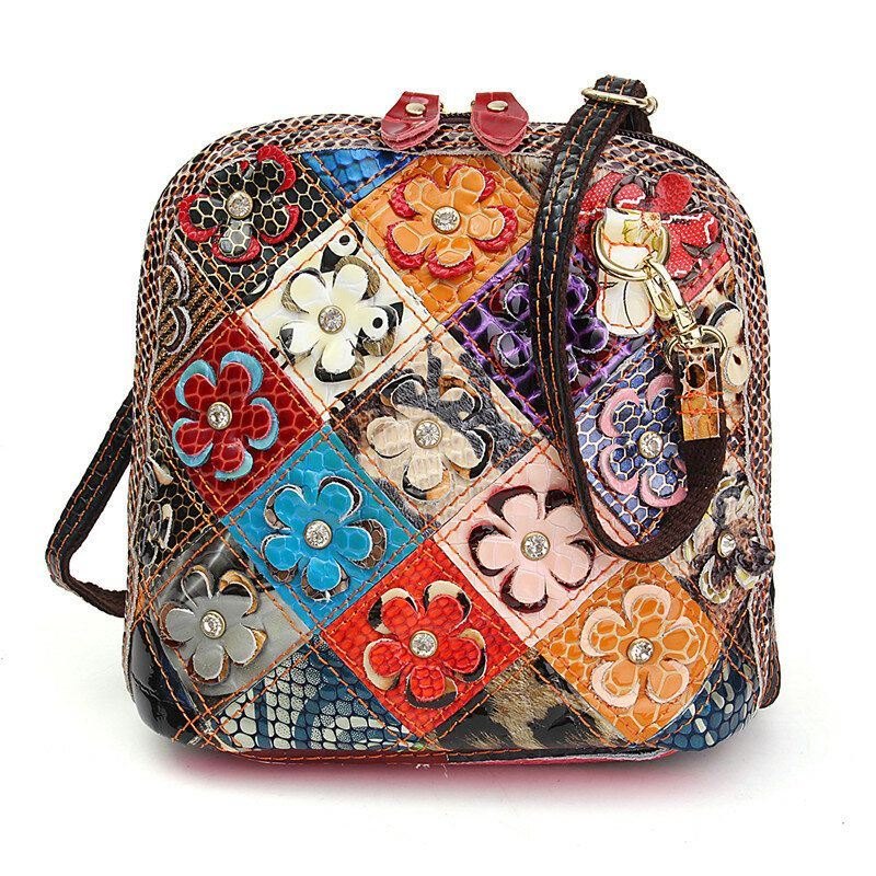 Dame Ekte Skinn Patchwork Floral Crossbody Bag