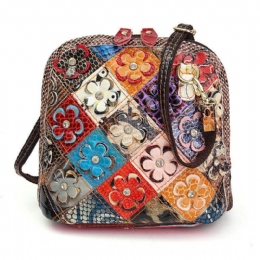 Dame Ekte Skinn Patchwork Floral Crossbody Bag