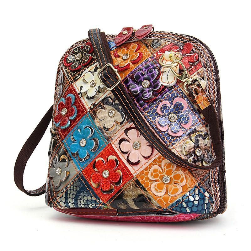 Dame Ekte Skinn Patchwork Floral Crossbody Bag