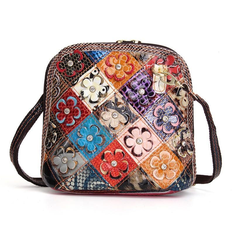 Dame Ekte Skinn Patchwork Floral Crossbody Bag