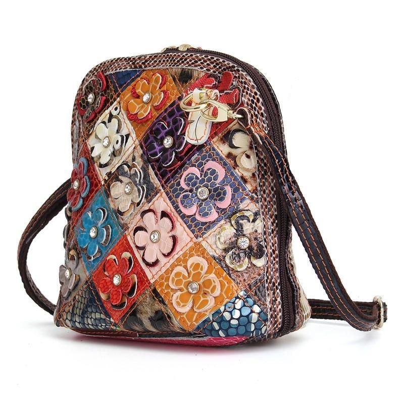 Dame Ekte Skinn Patchwork Floral Crossbody Bag