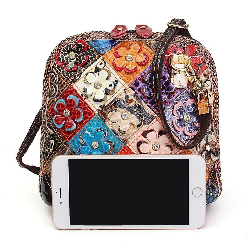 Dame Ekte Skinn Patchwork Floral Crossbody Bag