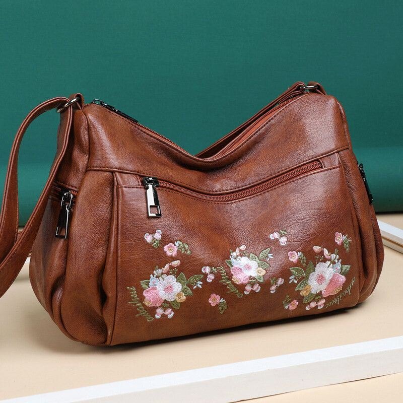 Dame Etnisk Blomst Brodert Large Capacoty Crossbody Bag Vintage Texture Hardware Vanntett Pustende Mykt Skinn Skulderveske