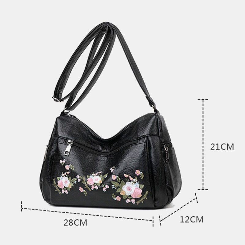 Dame Etnisk Blomst Brodert Large Capacoty Crossbody Bag Vintage Texture Hardware Vanntett Pustende Mykt Skinn Skulderveske