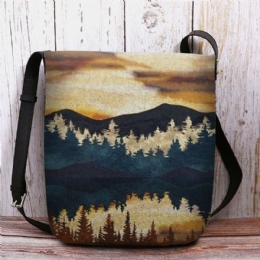 Dame Filt Mountain Treetop Print Mønster Casual Outdoor Skulderveske Crossbody Bag